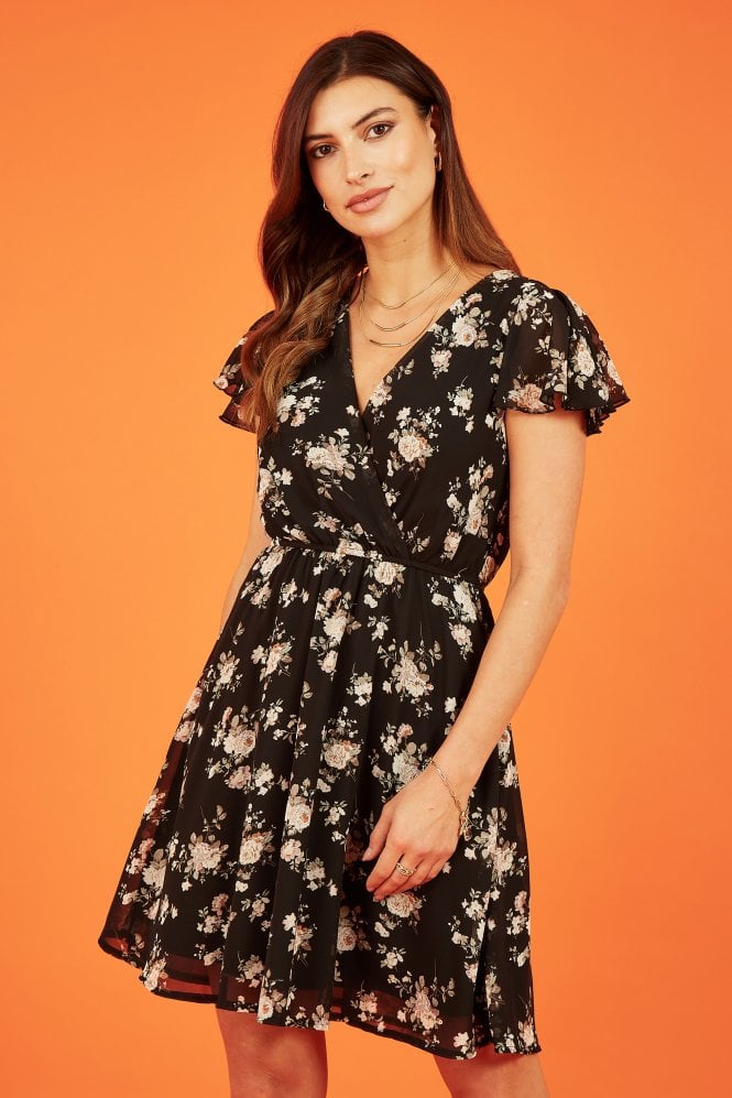 Mela Black Floral Print Wrap Over Skater Dress Mela 