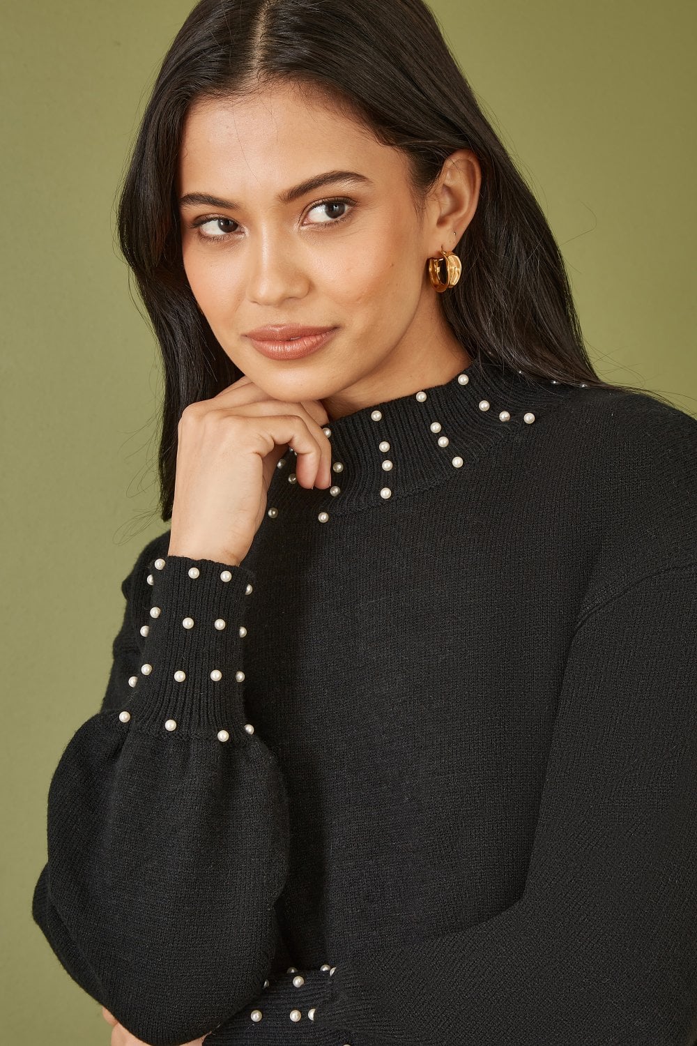 Mela Black Pearl Detail Knitted Relaxed Jumper Dress Mela