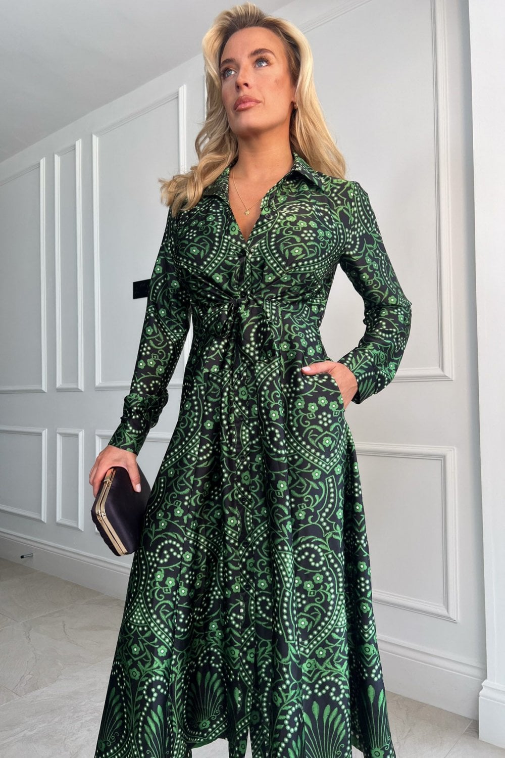 Odette Green Boarder Print Tie Front Shirt Dress - New In from Yumi UK