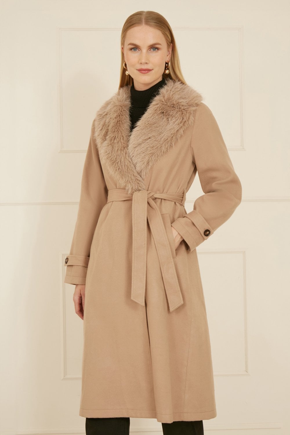 Yumi Beige Wrap Around Coat With Faux Fur Collar