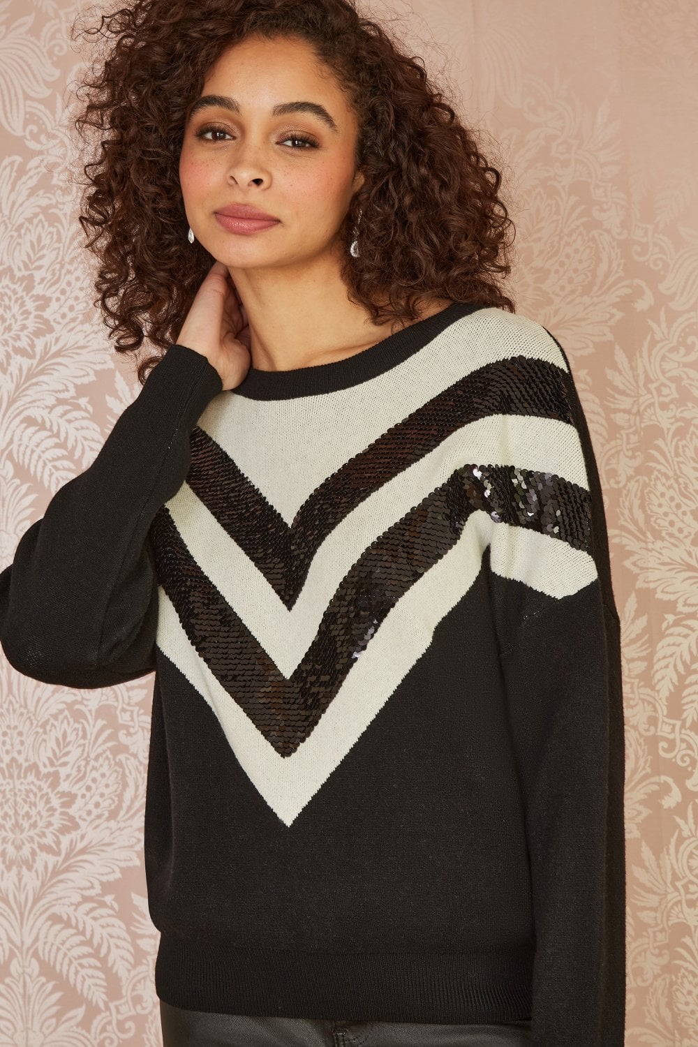 Yumi Black Chevron Knitted Relaxed Jumper With Sequins