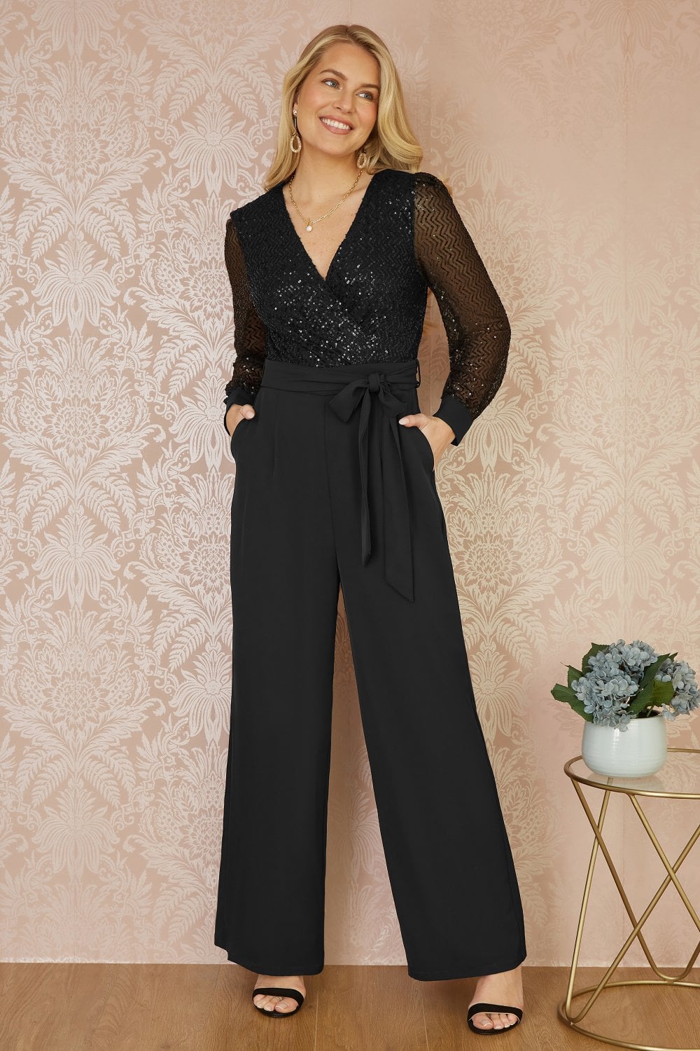 Yumi Black Sequin Jumpsuit With Long Sleeves Yumi