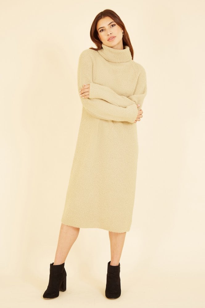 Yumi Camel Roll Neck Knitted Midi Jumper Dress Yumi