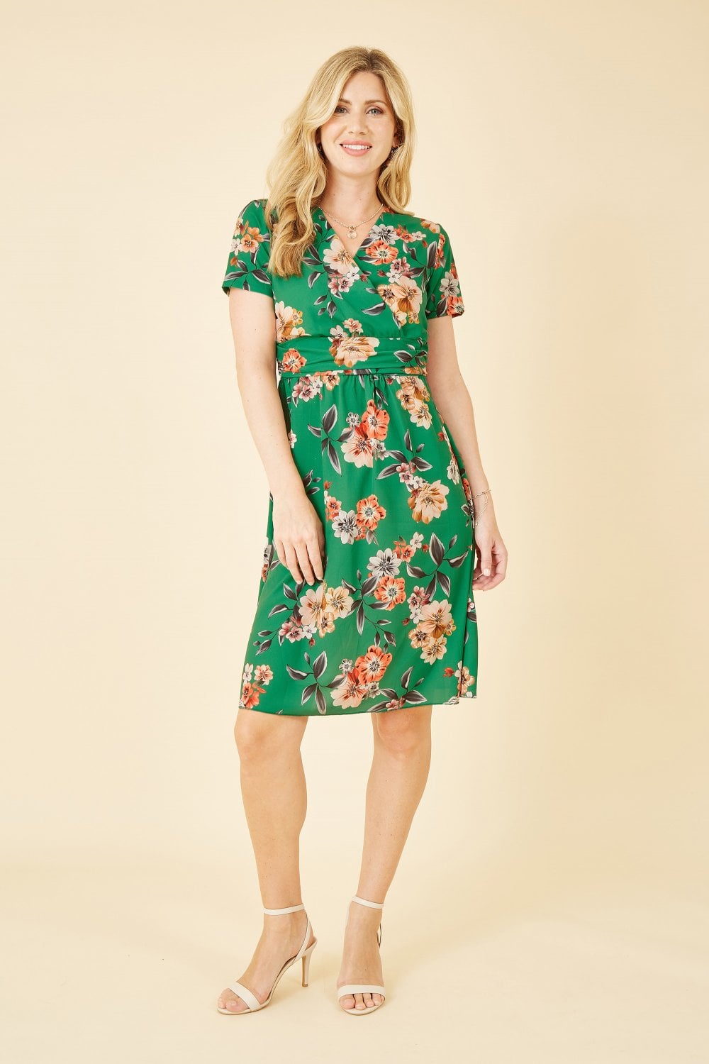 Green Floral Puff Sleeve Ruched Waist Midi Dress - Sale from Yumi UK