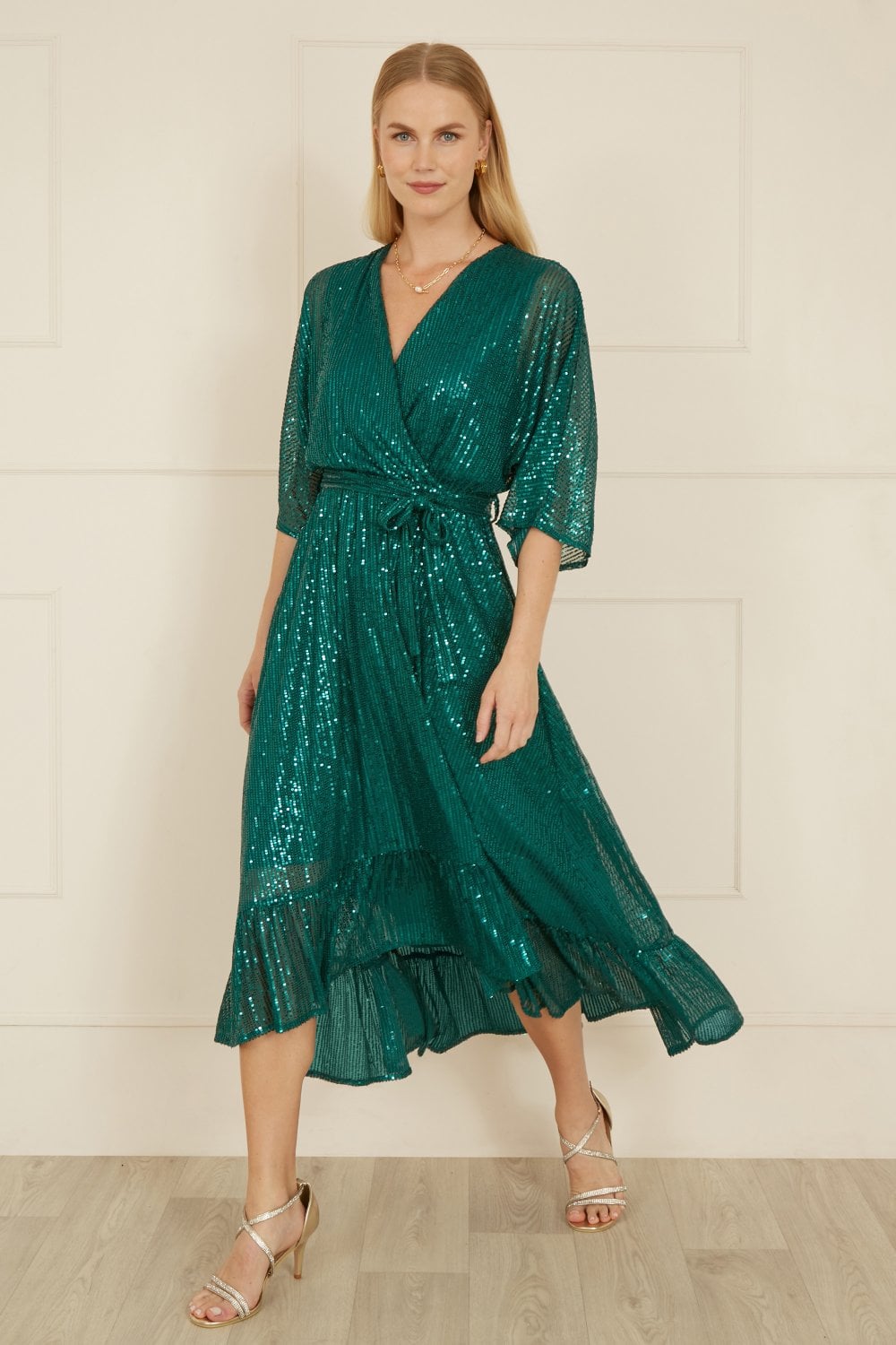 Yumi Green Sequin Kimono Midi Wrap Dress Yumi