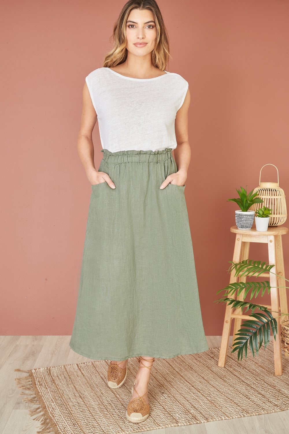 Yumi Khaki Italian Linen Midi Skirt With Pockets