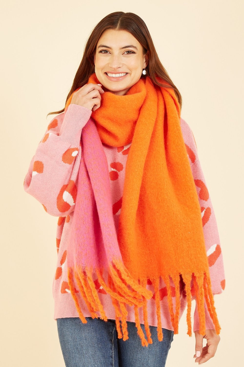 Yumi Pink And Orange Colour Block Scarf