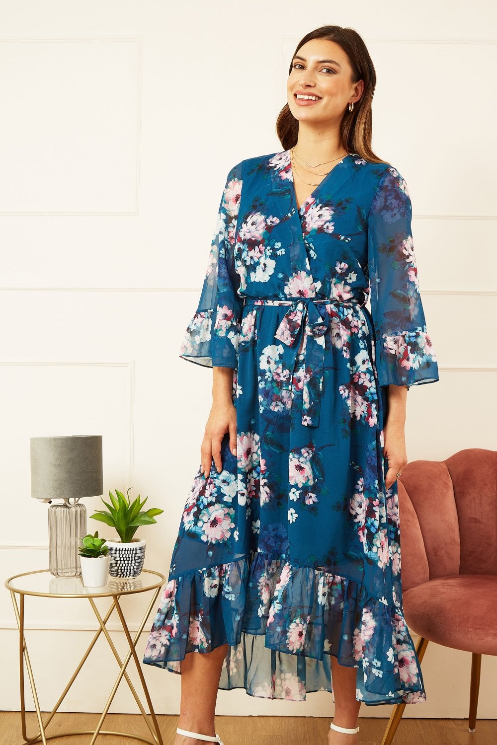 Yumi Teal Watercolour Floral Dip Hem Midi Dress